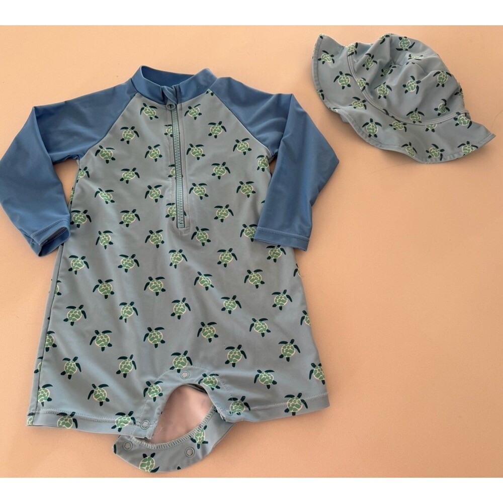 adventure wear Baby Boy 2pcs hat bodysuit Swimsuit turtle Print 12M Blue green